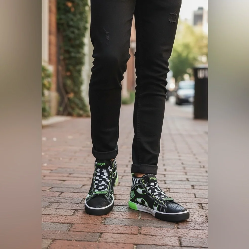 🐍Beetlejuice High-Top Sneakers Black Green Men’s Lace-Up Shoes Size 8